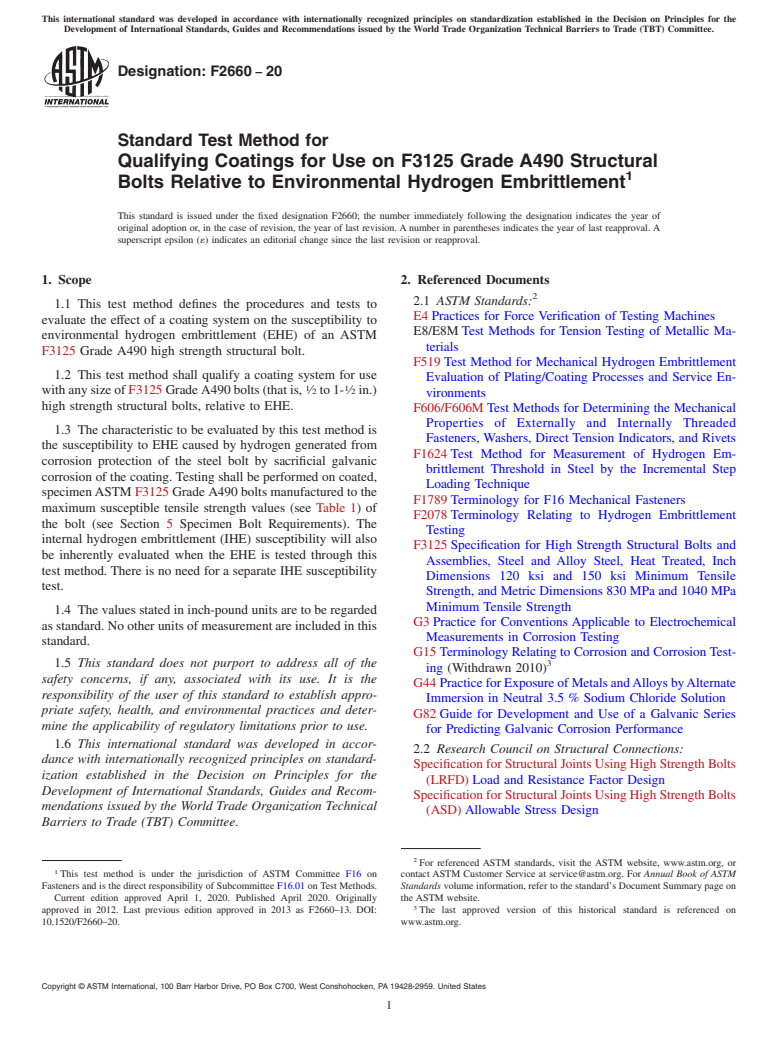 ASTM F2660-20 - Standard Test Method for Qualifying Coatings for Use on F3125 Grade A490 Structural  Bolts Relative to Environmental Hydrogen Embrittlement
