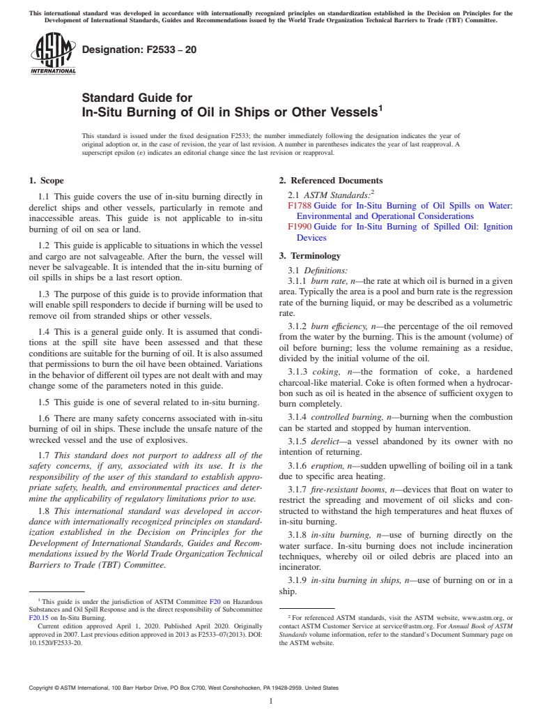 ASTM F2533-20 - Standard Guide for  In-Situ Burning of Oil in Ships or Other Vessels