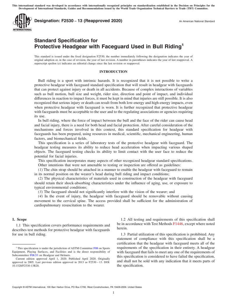 ASTM F2530-13(2020) - Standard Specification for Protective Headgear with Faceguard Used in Bull Riding