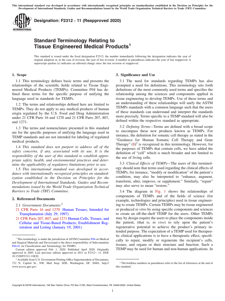 ASTM F2312-11(2020) - Standard Terminology Relating to Tissue Engineered Medical Products