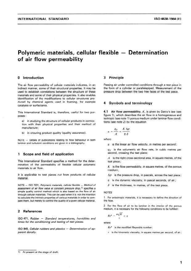ISO 4638:1984 - Polymeric materials, cellular flexible -- Determination of air flow permeability