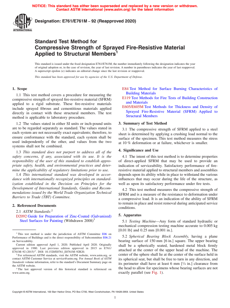 ASTM E761/E761M-92(2020) - Standard Test Method for Compressive Strength of Sprayed Fire-Resistive Material Applied  to Structural Members