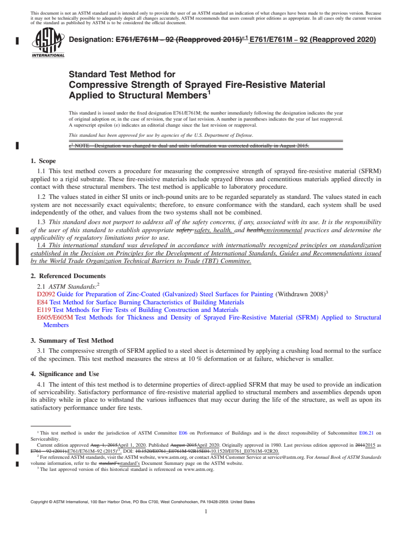 REDLINE ASTM E761/E761M-92(2020) - Standard Test Method for Compressive Strength of Sprayed Fire-Resistive Material Applied  to Structural Members