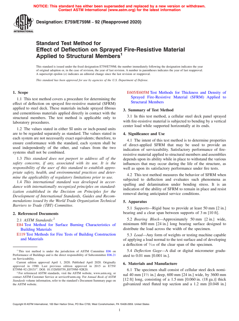 ASTM E759/E759M-92(2020) - Standard Test Method for Effect of Deflection on Sprayed Fire-Resistive Material Applied  to Structural Members