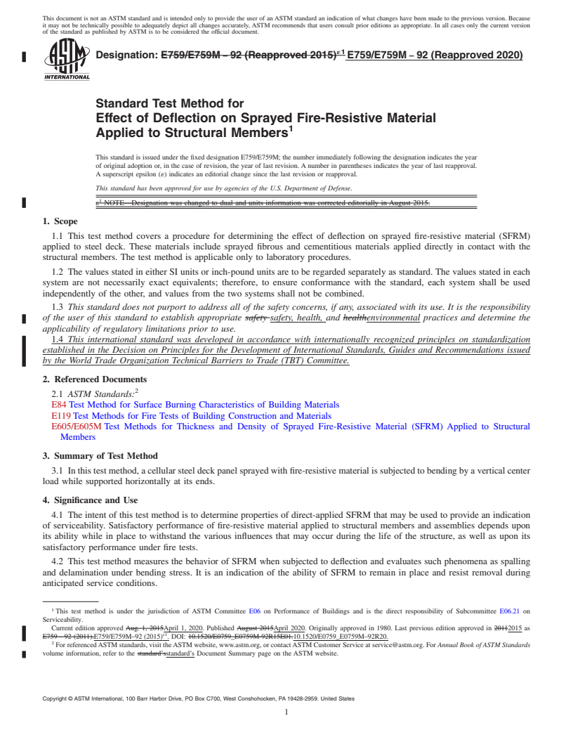 REDLINE ASTM E759/E759M-92(2020) - Standard Test Method for Effect of Deflection on Sprayed Fire-Resistive Material Applied  to Structural Members