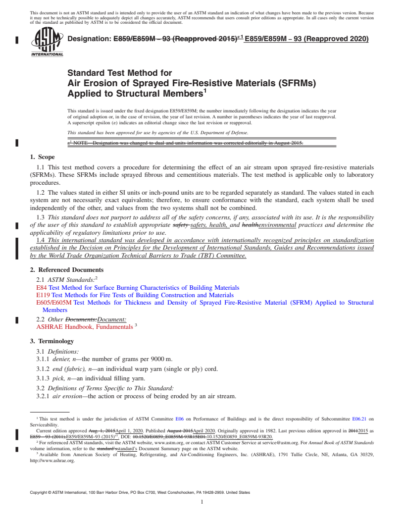 REDLINE ASTM E859/E859M-93(2020) - Standard Test Method for Air Erosion of Sprayed Fire-Resistive Materials (SFRMs) Applied  to Structural Members