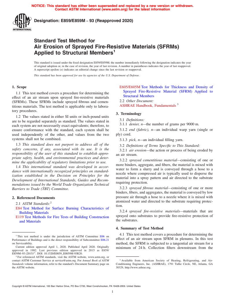 ASTM E859/E859M-93(2020) - Standard Test Method for Air Erosion of Sprayed Fire-Resistive Materials (SFRMs) Applied  to Structural Members