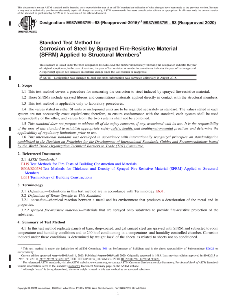 REDLINE ASTM E937/E937M-93(2020) - Standard Test Method for Corrosion of Steel by Sprayed Fire-Resistive Material (SFRM)  Applied to Structural Members