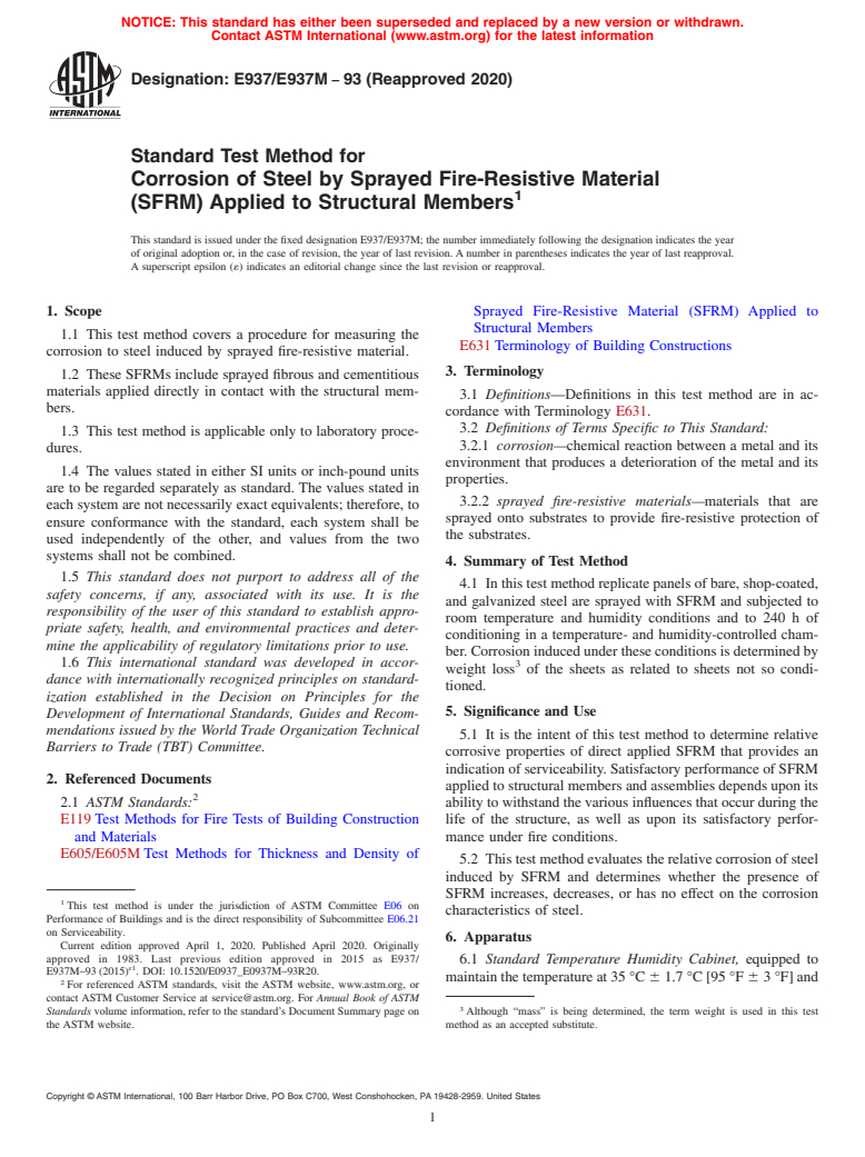 ASTM E937/E937M-93(2020) - Standard Test Method for Corrosion of Steel by Sprayed Fire-Resistive Material (SFRM)  Applied to Structural Members