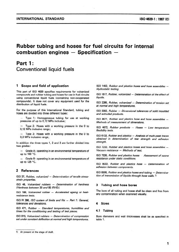ISO 4639-1:1987 - Rubber tubing and hoses for fuel circuits for internal combustion engines -- Specification
