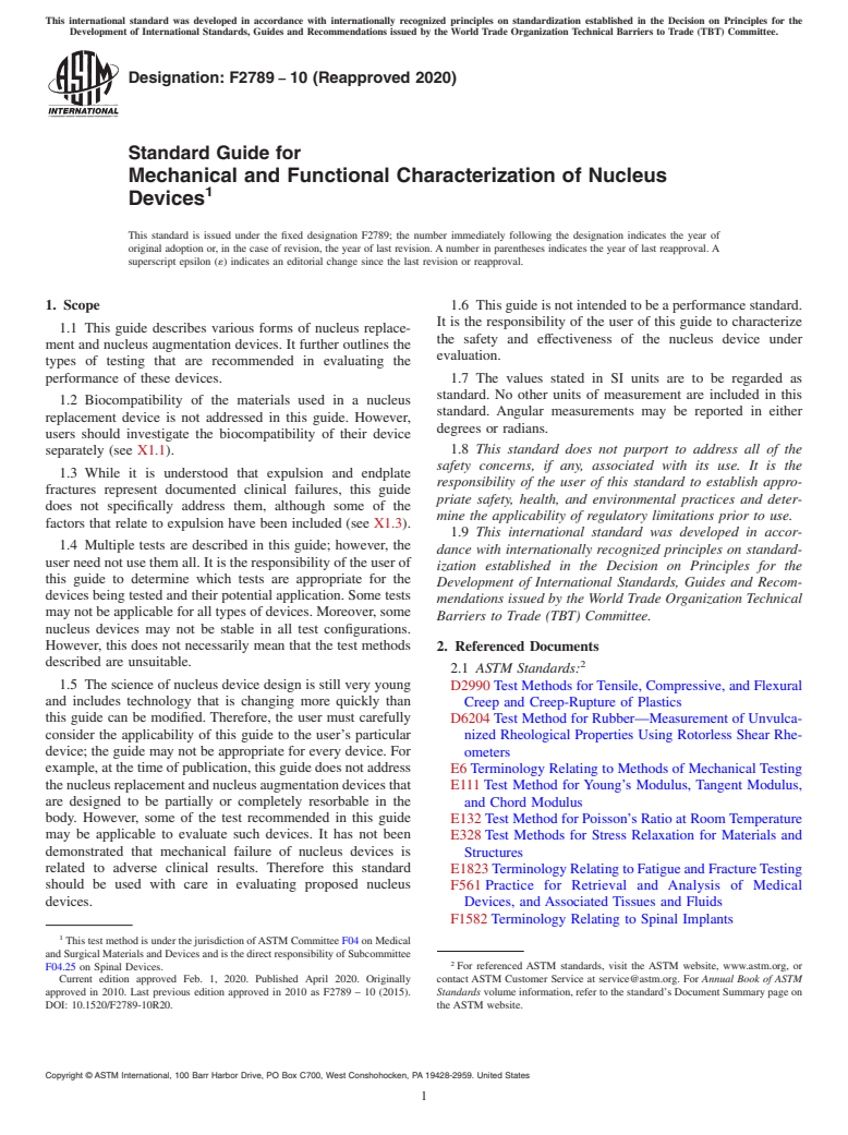 ASTM F2789-10(2020) - Standard Guide for  Mechanical and Functional Characterization of Nucleus Devices