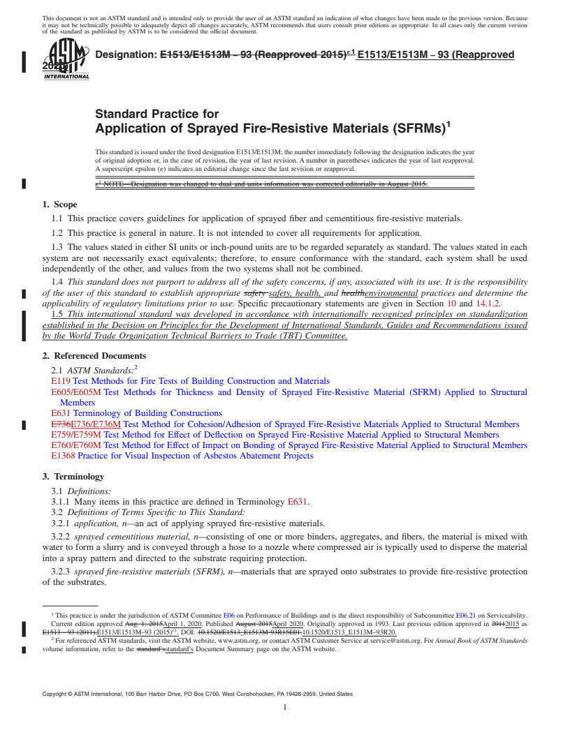 REDLINE ASTM E1513/E1513M-93(2020) - Standard Practice for Application of Sprayed Fire-Resistive Materials (SFRMs)