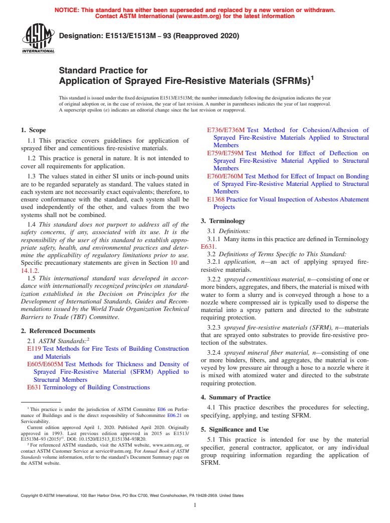 ASTM E1513/E1513M-93(2020) - Standard Practice for Application of Sprayed Fire-Resistive Materials (SFRMs)