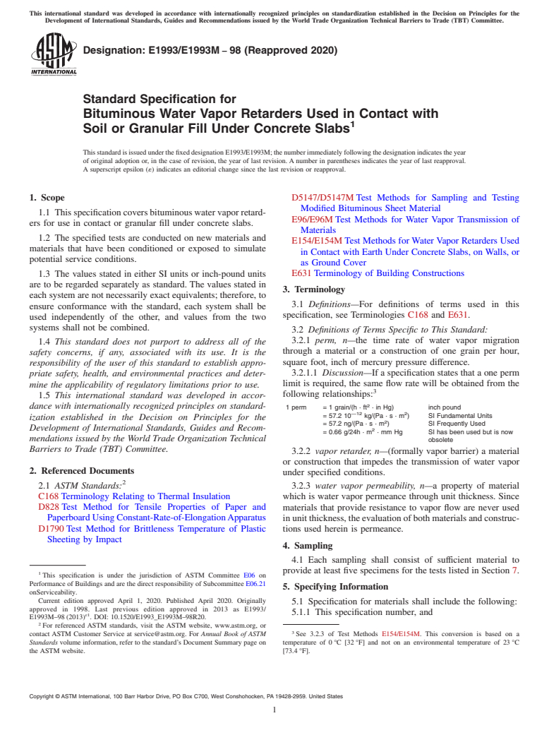 ASTM E1993/E1993M-98(2020) - Standard Specification for Bituminous Water Vapor Retarders Used in Contact with Soil  or Granular Fill Under Concrete Slabs