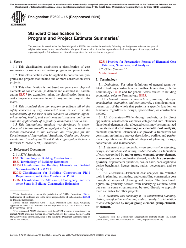 ASTM E2620-15(2020) - Standard Classification for Program and Project Estimate Summaries