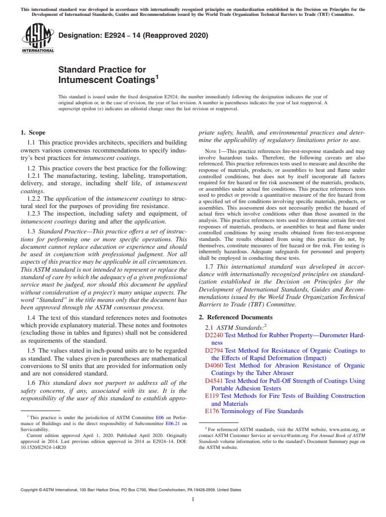 ASTM E2924-14(2020) - Standard Practice for Intumescent Coatings