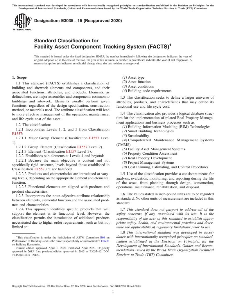 ASTM E3035-15(2020) - Standard Classification for Facility Asset Component Tracking System (FACTS)