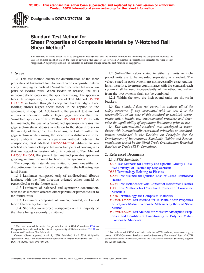ASTM D7078/D7078M-20 - Standard Test Method for  Shear Properties of Composite Materials by V-Notched Rail Shear  Method