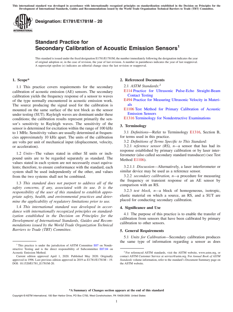 ASTM E1781/E1781M-20 - Standard Practice for  Secondary Calibration of Acoustic Emission Sensors