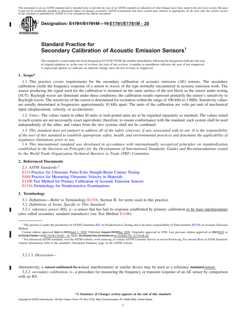REDLINE ASTM E1781/E1781M-20 - Standard Practice for  Secondary Calibration of Acoustic Emission Sensors