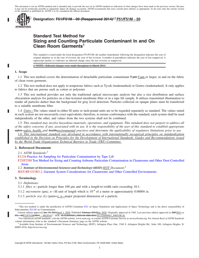 REDLINE ASTM F51/F51M-20 - Standard Test Method for  Sizing and Counting Particulate Contaminant In and On Clean  Room Garments