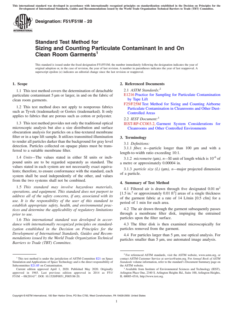 ASTM F51/F51M-20 - Standard Test Method for  Sizing and Counting Particulate Contaminant In and On Clean  Room Garments