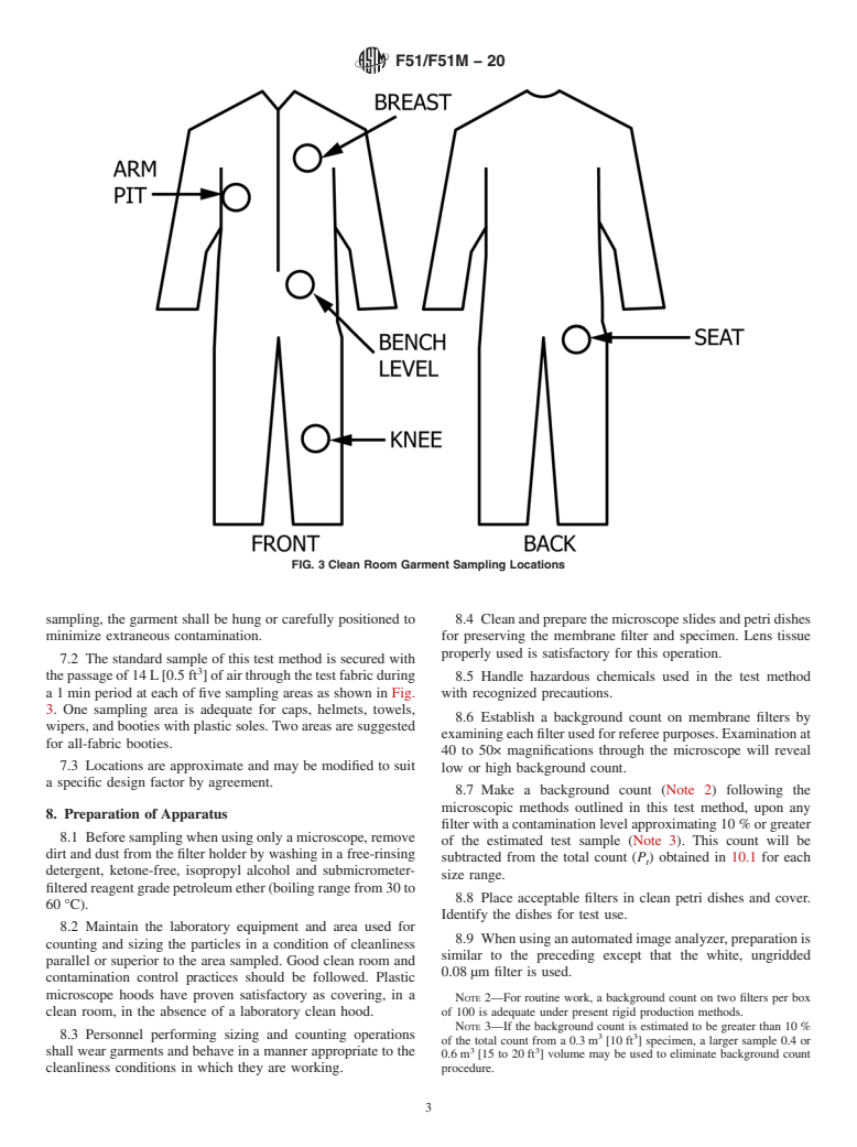 ASTM F51/F51M-20 - Standard Test Method for  Sizing and Counting Particulate Contaminant In and On Clean  Room Garments