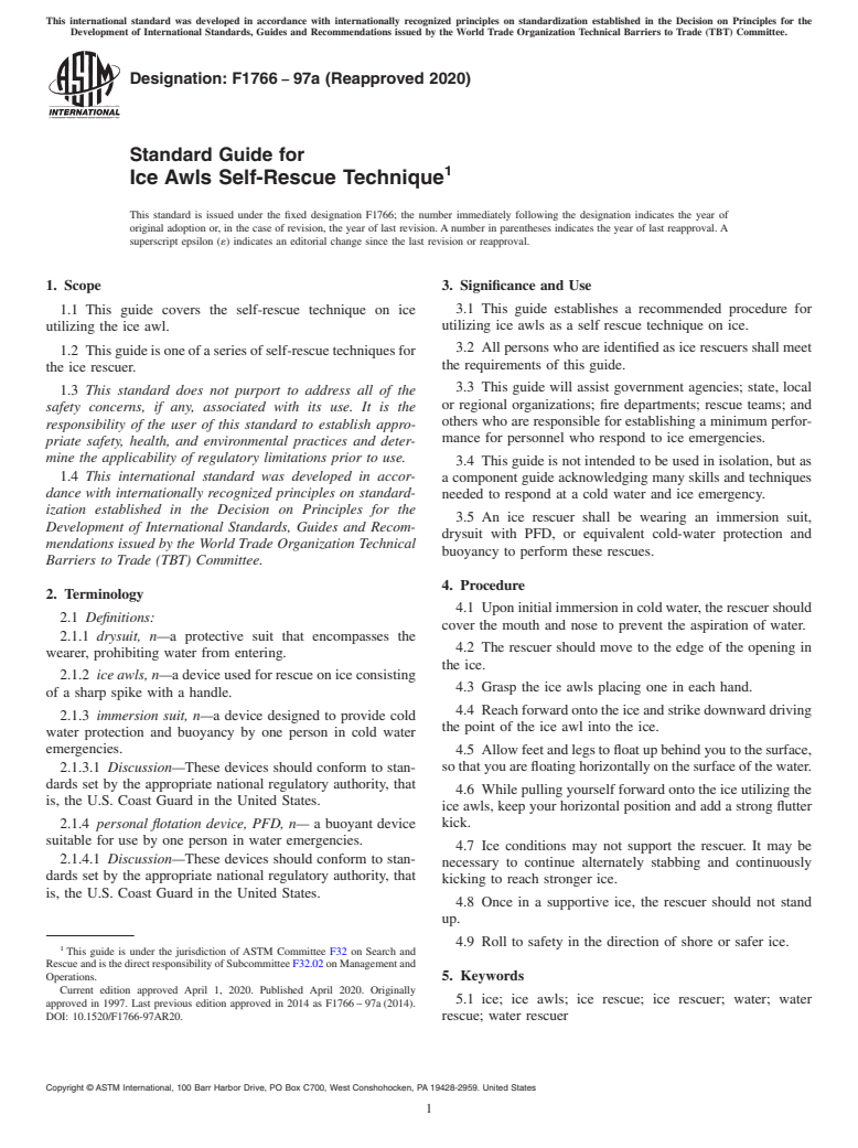 ASTM F1766-97a(2020) - Standard Guide for  Ice Awls Self-Rescue Technique