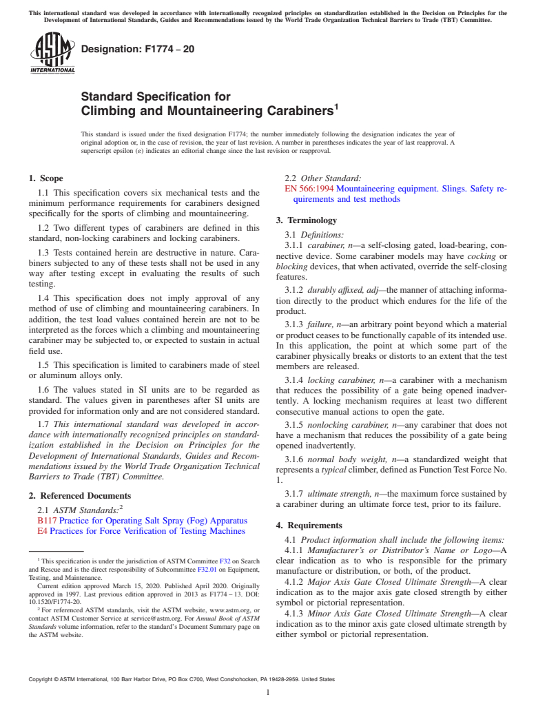 ASTM F1774-20 - Standard Specification for  Climbing and Mountaineering Carabiners