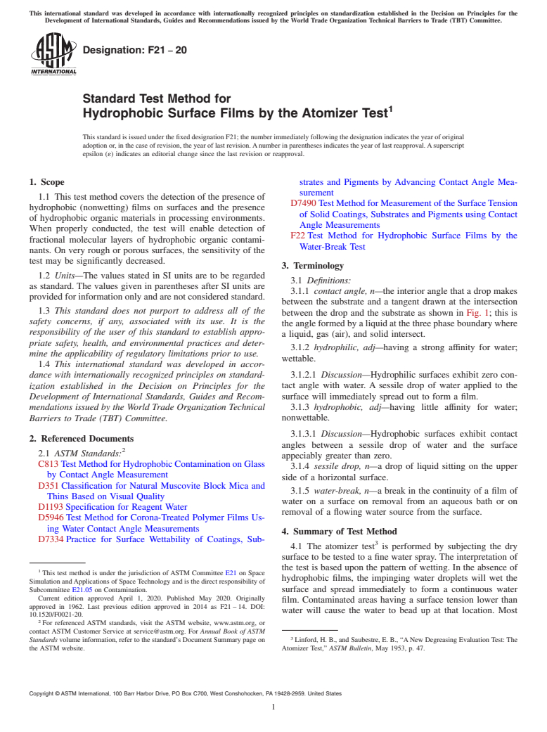 ASTM F21-20 - Standard Test Method for  Hydrophobic Surface Films by the Atomizer Test