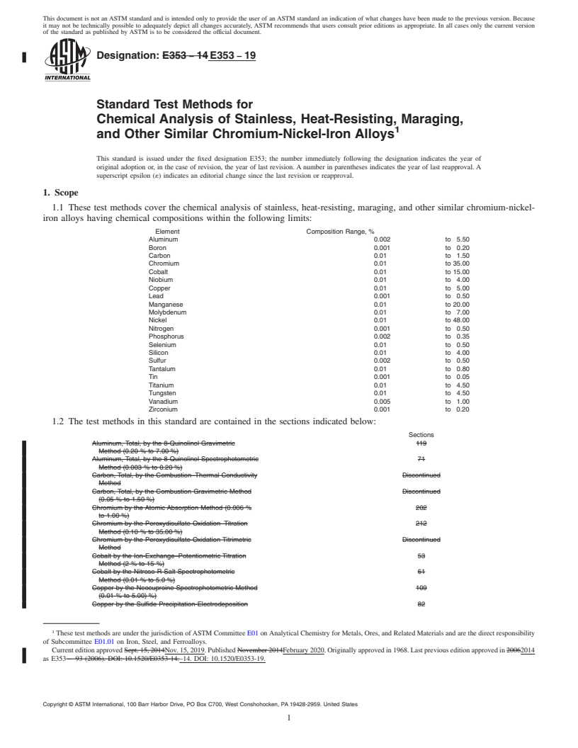 REDLINE ASTM E353-19 - Standard Test Methods for  Chemical Analysis of Stainless, Heat-Resisting, Maraging, and  Other Similar Chromium-Nickel-Iron Alloys