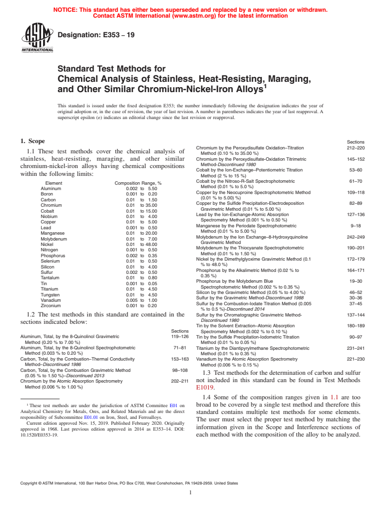 ASTM E353-19 - Standard Test Methods for  Chemical Analysis of Stainless, Heat-Resisting, Maraging, and  Other Similar Chromium-Nickel-Iron Alloys