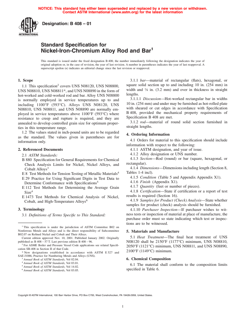 ASTM B408-01 - Standard Specification for Nickel-Iron-Chromium Alloy Rod and Bar