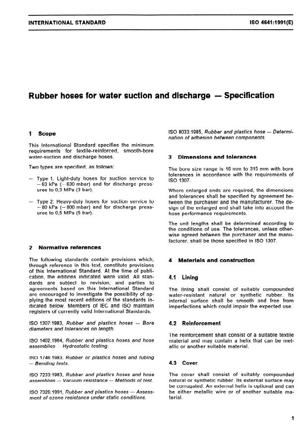 ISO 4641:1991 - Rubber hoses for water suction and discharge -- Specification