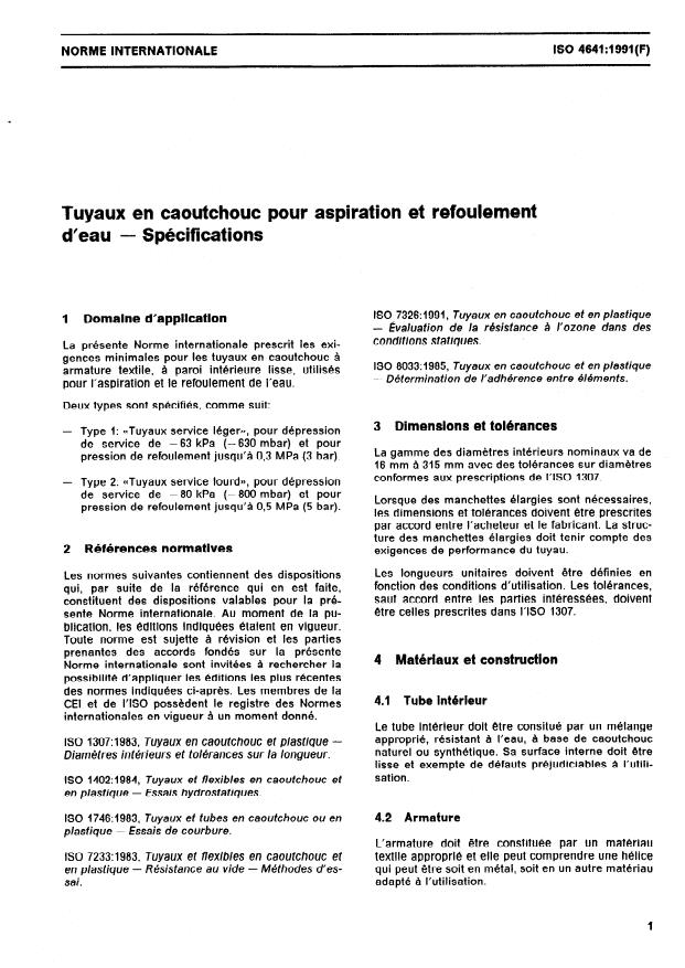 ISO 4641:1991 - Tuyaux en caoutchouc pour aspiration et refoulement d'eau -- Spécifications