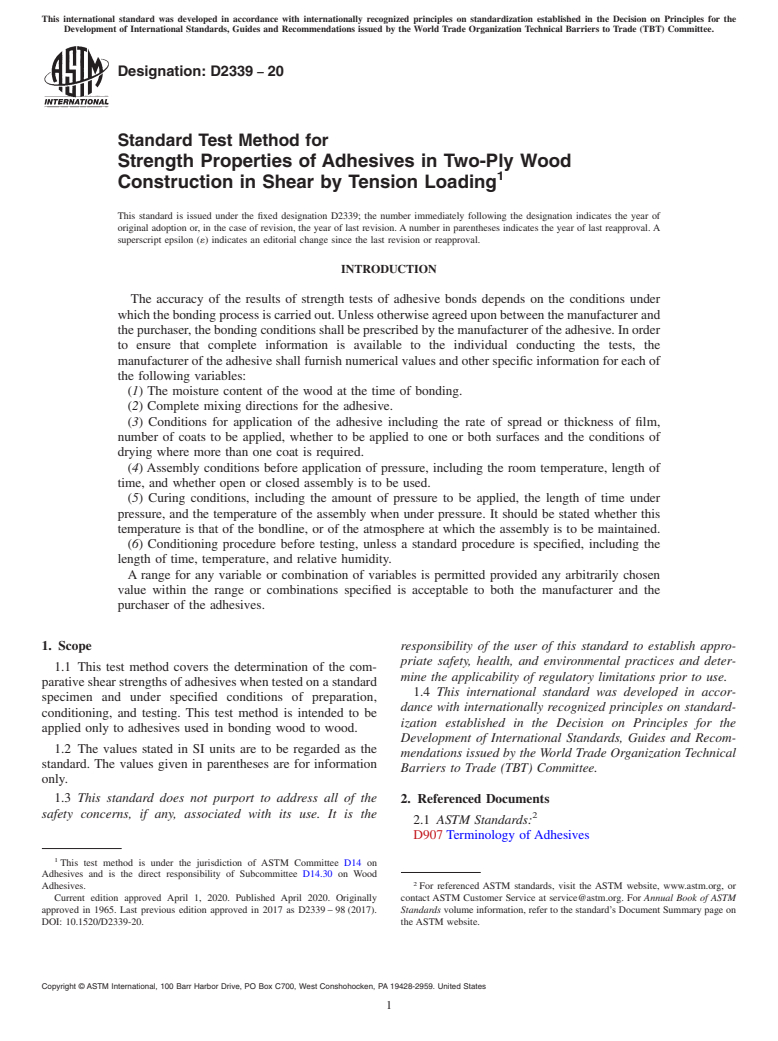 ASTM D2339-20 - Standard Test Method for Strength Properties of Adhesives in Two-Ply Wood Construction  in Shear by Tension Loading