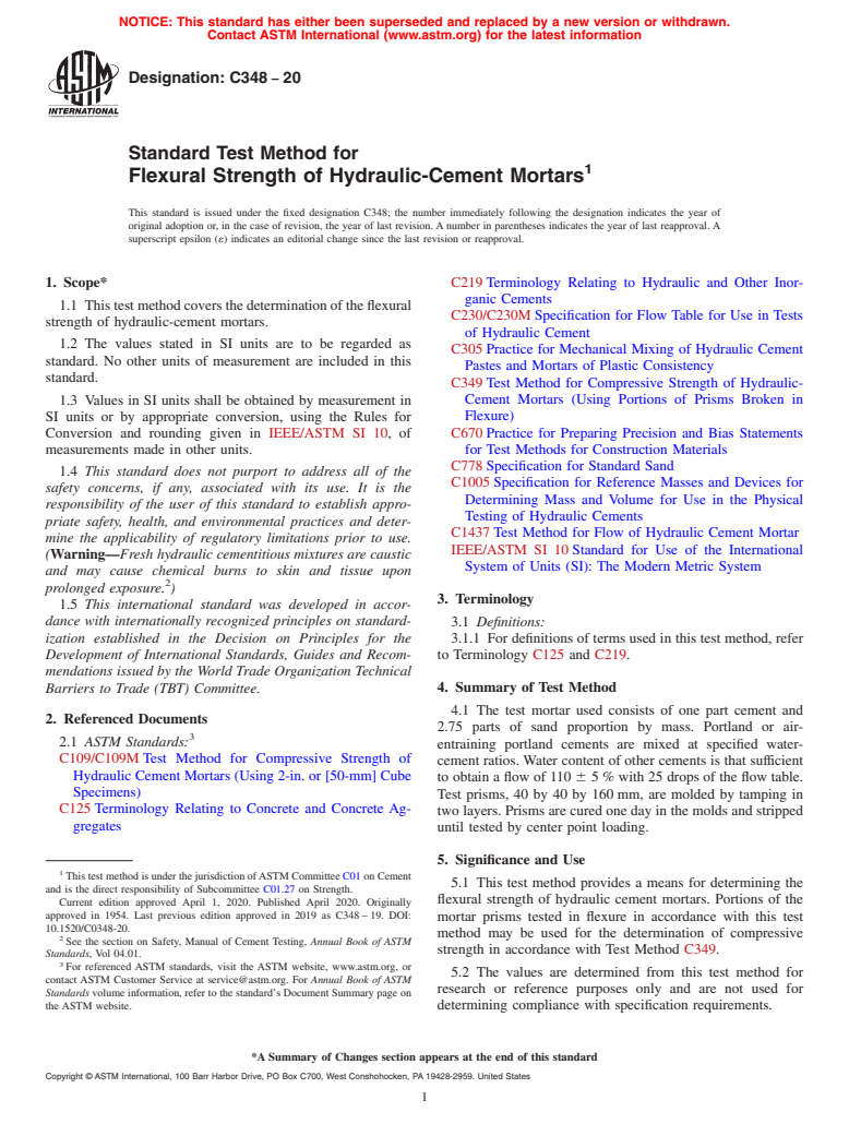 ASTM C348-20 - Standard Test Method for  Flexural Strength of Hydraulic-Cement Mortars