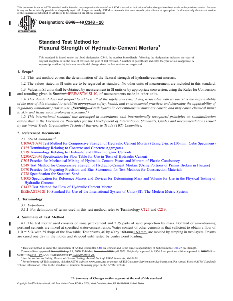 REDLINE ASTM C348-20 - Standard Test Method for  Flexural Strength of Hydraulic-Cement Mortars