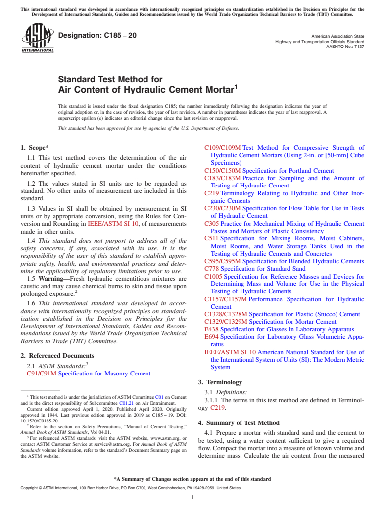 ASTM C185-20 - Standard Test Method for  Air Content of Hydraulic Cement Mortar