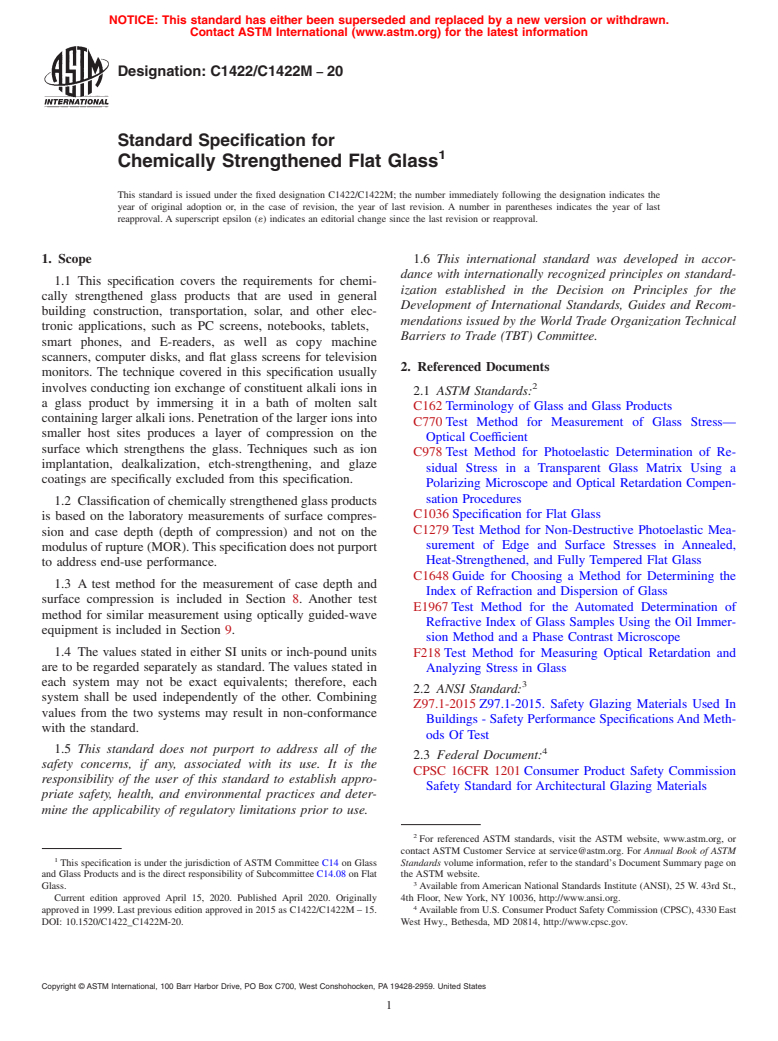 ASTM C1422/C1422M-20 - Standard Specification for  Chemically Strengthened Flat Glass