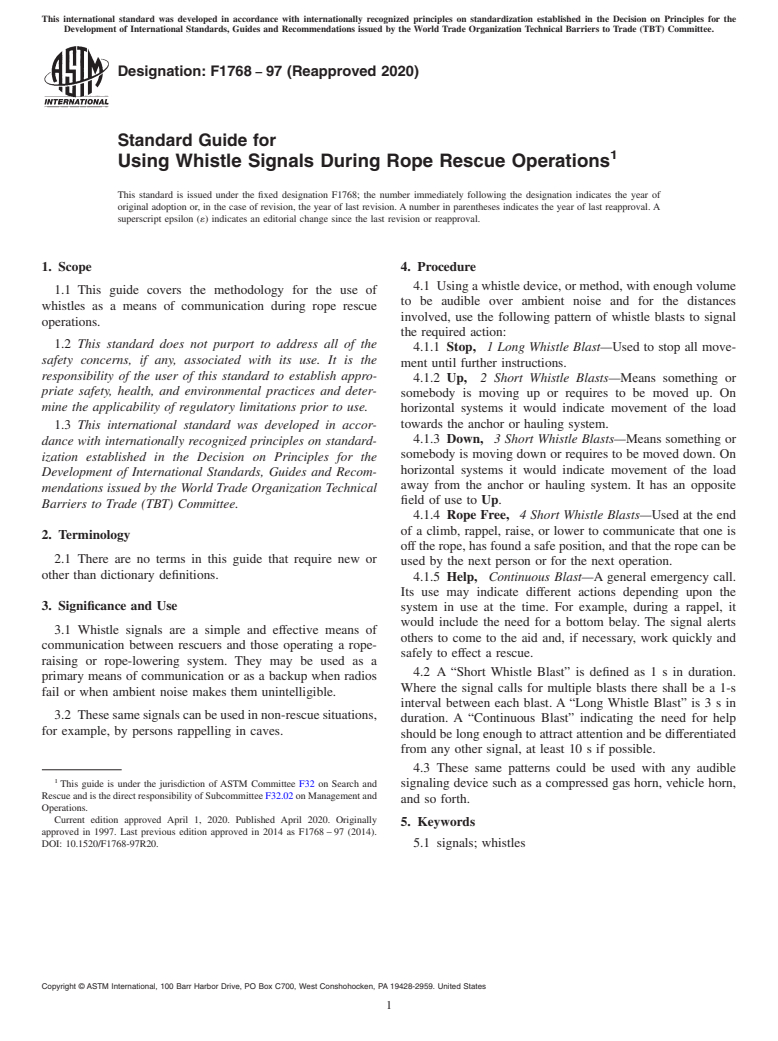 ASTM F1768-97(2020) - Standard Guide for  Using Whistle Signals During Rope Rescue Operations