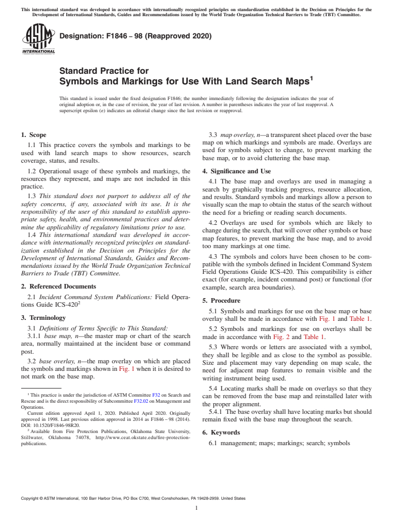 ASTM F1846-98(2020) - Standard Practice for  Symbols and Markings for Use With Land Search Maps