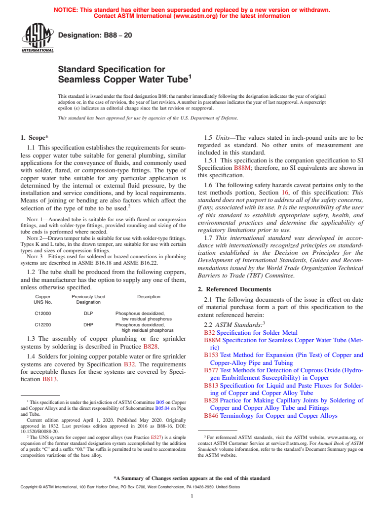 ASTM B88-20 - Standard Specification for Seamless Copper Water Tube