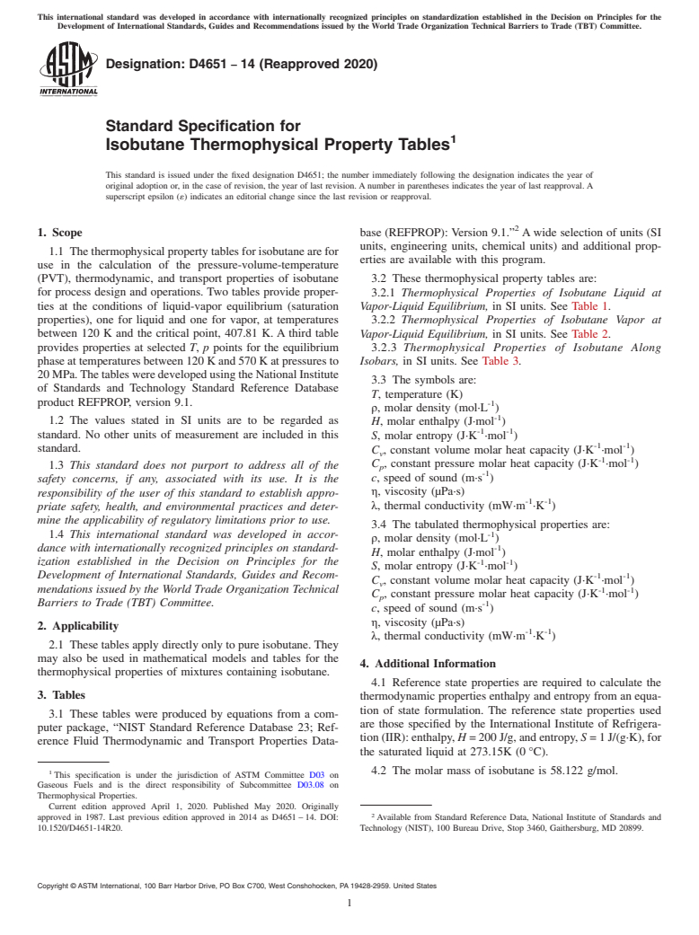 ASTM D4651-14(2020) - Standard Specification for  Isobutane Thermophysical Property Tables