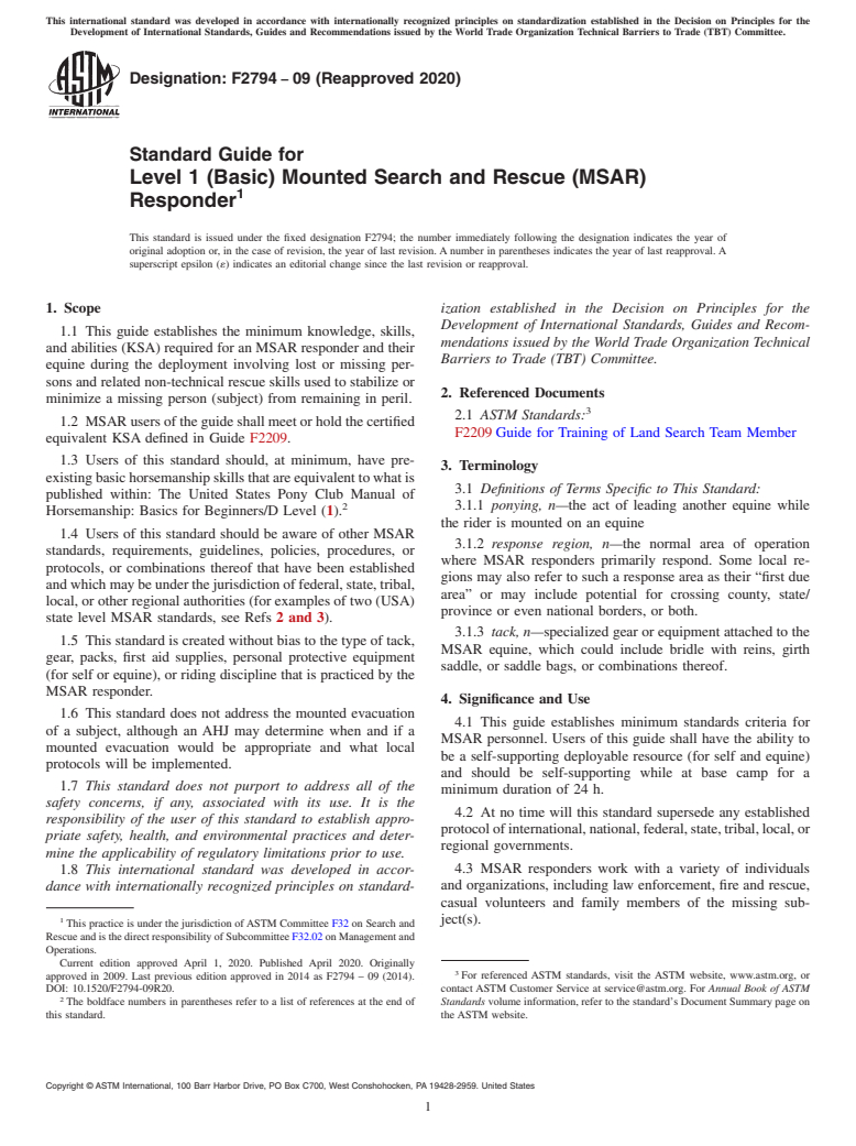 ASTM F2794-09(2020) - Standard Guide for  Level 1 (Basic) Mounted Search and Rescue (MSAR) Responder