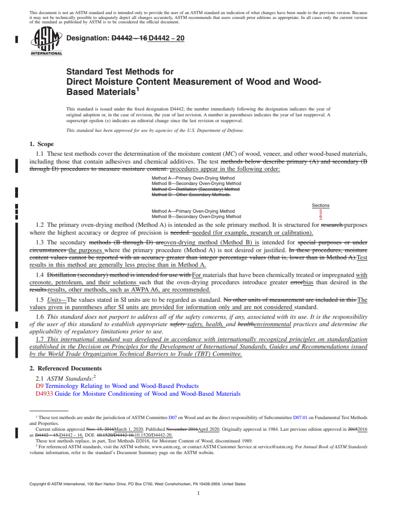 REDLINE ASTM D4442-20 - Standard Test Methods for  Direct Moisture Content Measurement of Wood and Wood-Based  Materials