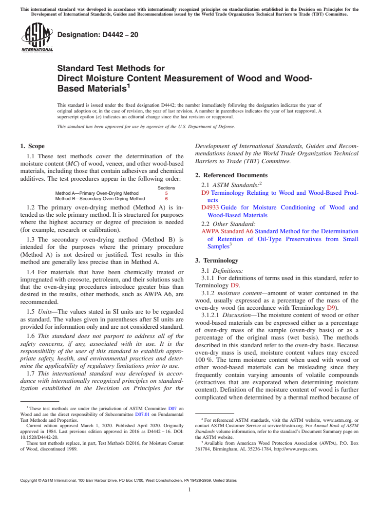 ASTM D4442-20 - Standard Test Methods for  Direct Moisture Content Measurement of Wood and Wood-Based  Materials
