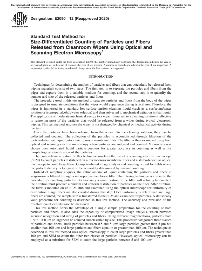 ASTM E2090-12(2020) - Standard Test Method for  Size-Differentiated Counting of Particles and Fibers Released from Cleanroom Wipers Using Optical and Scanning Electron Microscopy