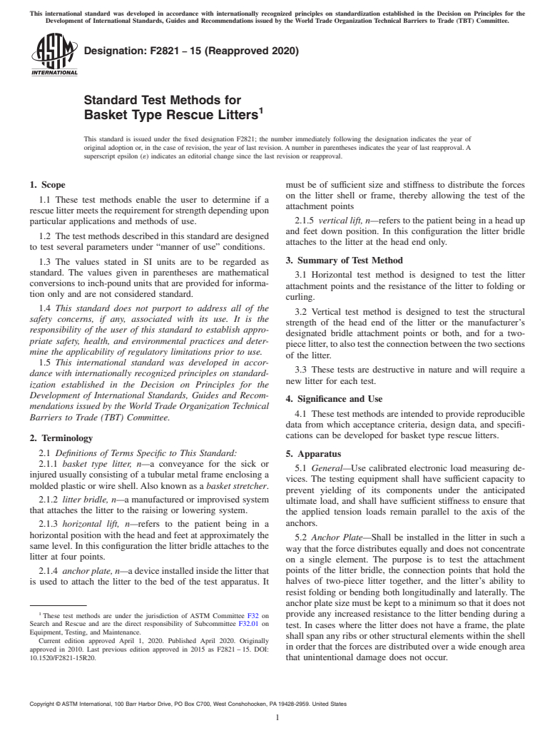 ASTM F2821-15(2020) - Standard Test Methods for  Basket Type Rescue Litters