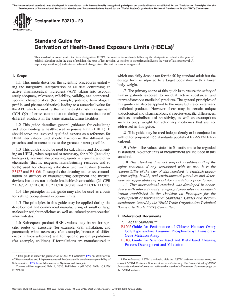 ASTM E3219-20 - Standard Guide for Derivation of Health-Based Exposure Limits (HBELs)